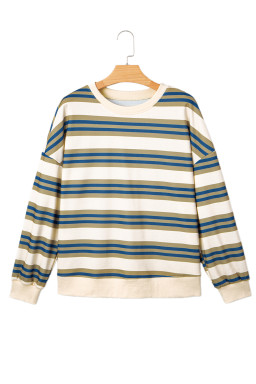 Khaki Striped Crew Neck Drop Shoulder Pullover Sweatshirt
