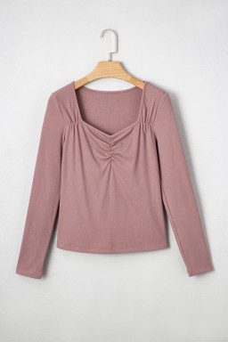 Old Rose Ruched Sweetheart Neck Ribbed Long Sleeve Top