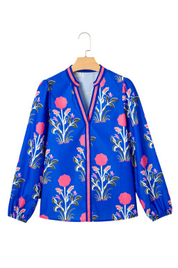 Blue Floral Print Pop Of Color V Neck Puff Sleeve Blouse