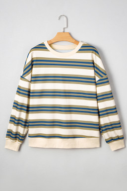 Khaki Striped Crew Neck Drop Shoulder Pullover Sweatshirt