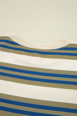 Khaki Striped Crew Neck Drop Shoulder Pullover Sweatshirt