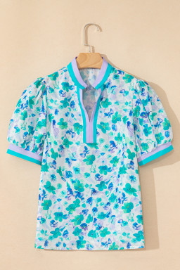 Green Floral Print Pop of Color V Neck Puff Short Sleeve Blouse