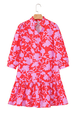 Red Floral 3/4 Sleeve Ruffle Hem Mini Dress