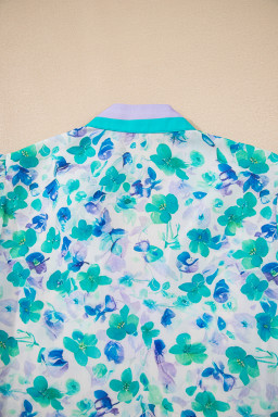Green Floral Print Pop of Color V Neck Puff Short Sleeve Blouse