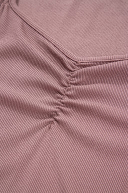 Old Rose Ruched Sweetheart Neck Ribbed Long Sleeve Top