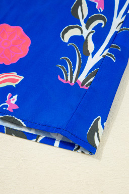 Blue Floral Print Pop Of Color V Neck Puff Sleeve Blouse