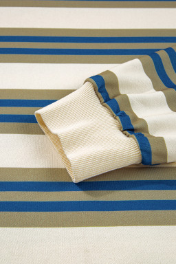 Khaki Striped Crew Neck Drop Shoulder Pullover Sweatshirt