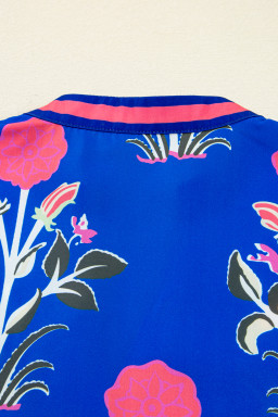Blue Floral Print Pop Of Color V Neck Puff Sleeve Blouse