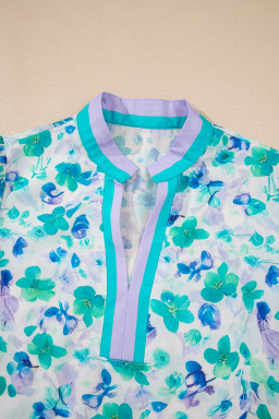 Green Floral Print Pop of Color V Neck Puff Short Sleeve Blouse