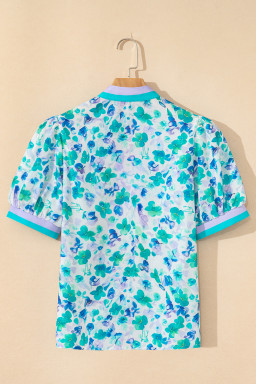 Green Floral Print Pop of Color V Neck Puff Short Sleeve Blouse