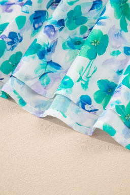 Green Floral Print Pop of Color V Neck Puff Short Sleeve Blouse