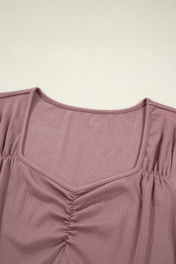 Old Rose Ruched Sweetheart Neck Ribbed Long Sleeve Top