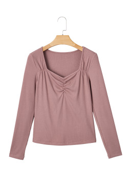 Old Rose Ruched Sweetheart Neck Ribbed Long Sleeve Top