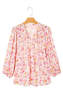 Pink Floral Print Tassel Tie Smocked V Neck Puff Sleeve Tunic Blouse
