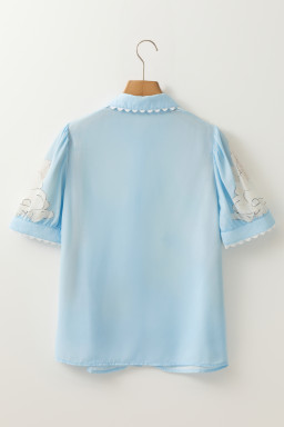 Sky Blue Floral Print Ric Rac Trim Puff Sleeve Button Up Shirt
