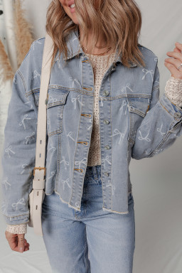 Sky Blue Bow Print Light Wash Raw Hem Denim Jacket