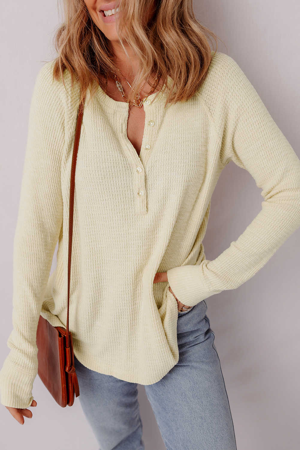 Oatmeal Textured Knit Half Button Henley Top