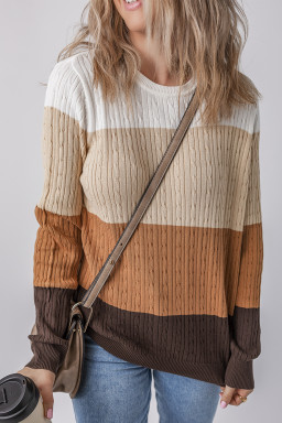 Khaki Colorblock Cable Knit Round Neck Sweater