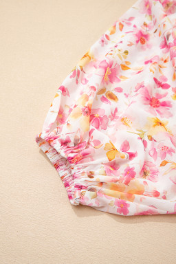 Pink Floral Print Tassel Tie Smocked V Neck Puff Sleeve Tunic Blouse