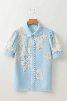 Sky Blue Floral Print Ric Rac Trim Puff Sleeve Button Up Shirt