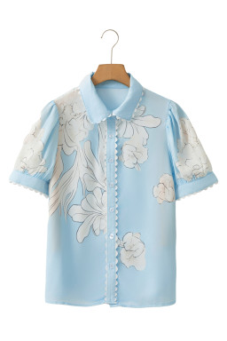 Sky Blue Floral Print Ric Rac Trim Puff Sleeve Button Up Shirt