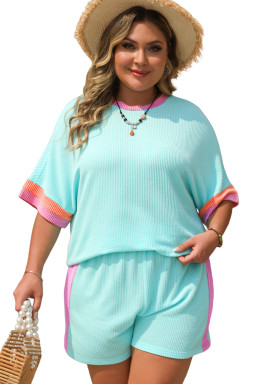 Light Blue Colorblock Corded Plus Size Two Piece Shorts Set