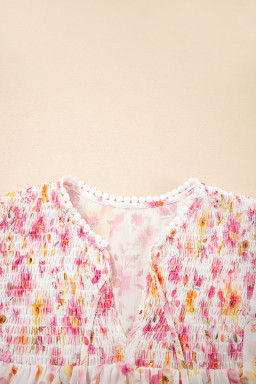 Pink Floral Print Tassel Tie Smocked V Neck Puff Sleeve Tunic Blouse