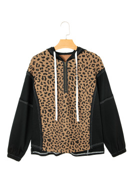 Brown Leopard Patchwork Quarter Zip Hoodie