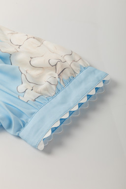 Sky Blue Floral Print Ric Rac Trim Puff Sleeve Button Up Shirt