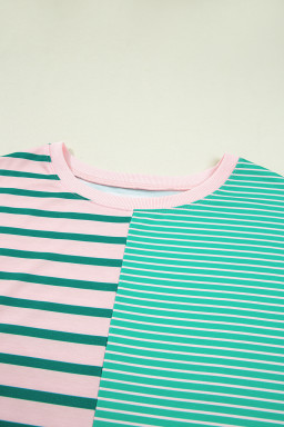 Green Stripe Colorblock Patchwork Side Slit Plus Size Sweatshirt