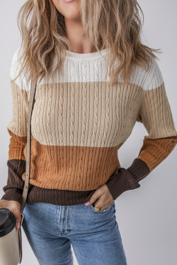 Khaki Colorblock Cable Knit Round Neck Sweater