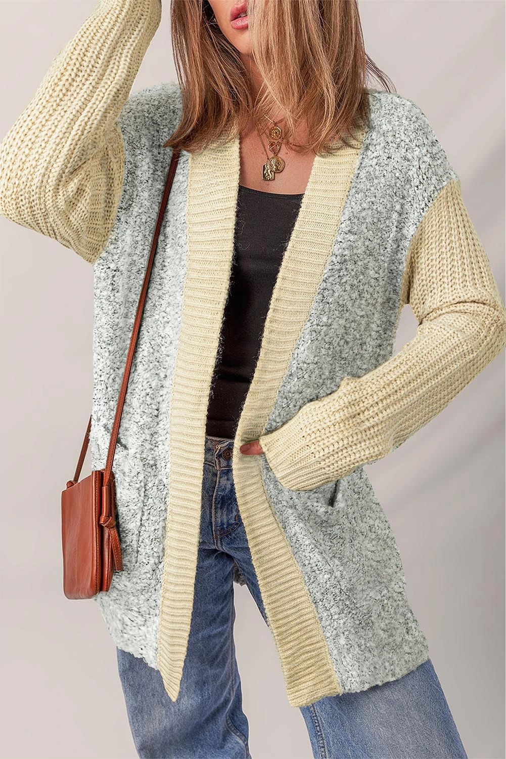 $19.15 High-rise Patchwork Side Pockets Open Front Cardigan Wholesale ...
