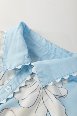 Sky Blue Floral Print Ric Rac Trim Puff Sleeve Button Up Shirt