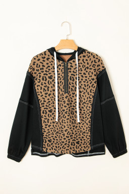 Brown Leopard Patchwork Quarter Zip Hoodie