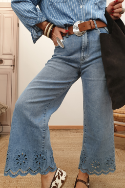 Dusk Blue Embroidered Cropped Wide Leg High Waist Jeans