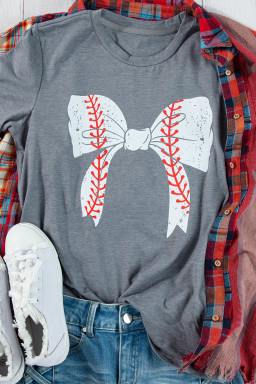 Gray Casual Baseball Bowknot Graphic Roll Up Sleeve Tee