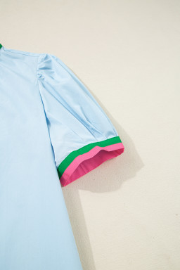 Myosotis Striped Pop of Color V Neck Puff Sleeve Mini Dress