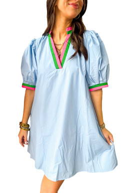 Myosotis Striped Pop of Color V Neck Puff Sleeve Mini Dress