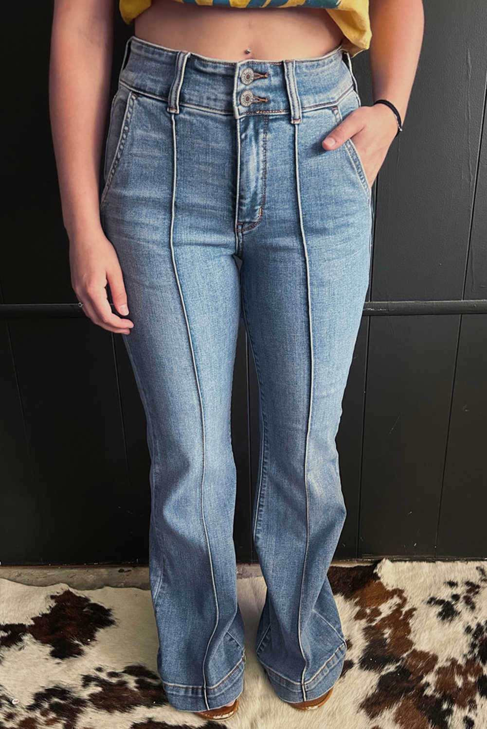 Dusk Blue Buttoned High Waist Piping Trim Flared Jeans