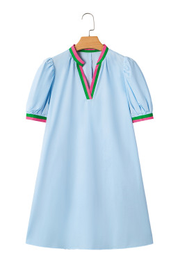 Myosotis Striped Pop of Color V Neck Puff Sleeve Mini Dress