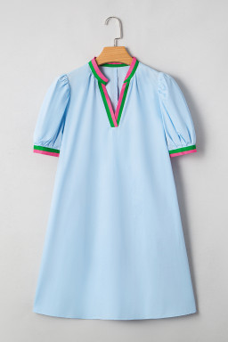Myosotis Striped Pop of Color V Neck Puff Sleeve Mini Dress