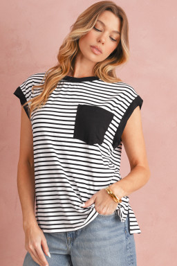 Black Stripe Chest Pocket Patch Round Neck Sleeveless Tee