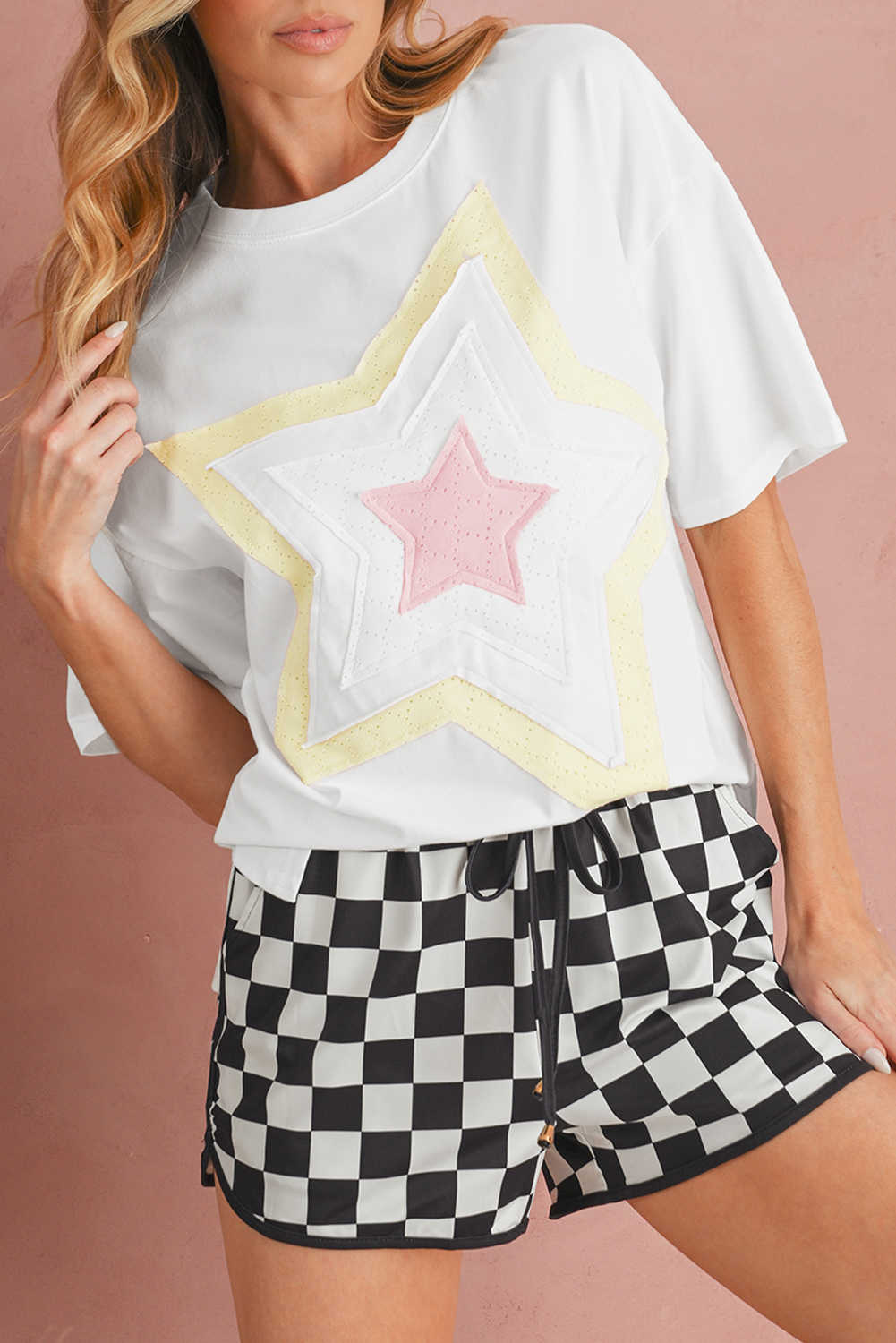 White Star Patched Drop Shoulder Half Sleeve Loose Tee