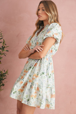 Beige Floral Print Smocked High Waist Puff Sleeve Mini Dress