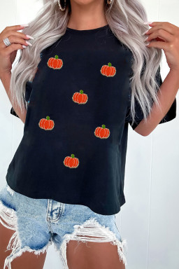 Black Chenille Pumpkin Patch Application Casual Cotton Blend T Shirt