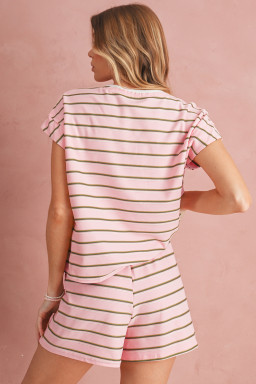 Pink Striped Crewneck Tee and Drawstring Shorts Set