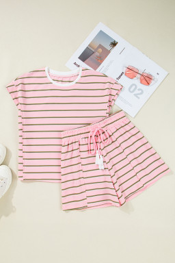 Pink Striped Crewneck Tee and Drawstring Shorts Set