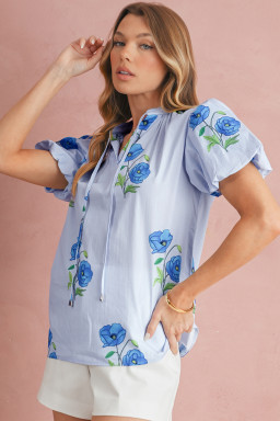 Sky Blue Floral Print Tie V-Neck Short Sleeve Blouse