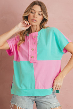 Mint Green Colorblock Half Buttons Henley T Shirt