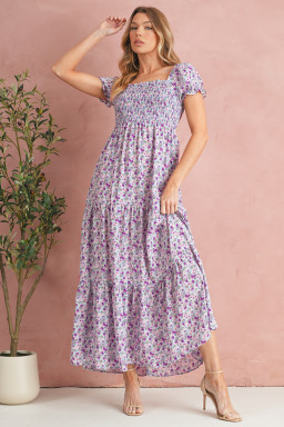 Purple Floral Short Bubble Sleeve Smocked High Waist Maxi Dress